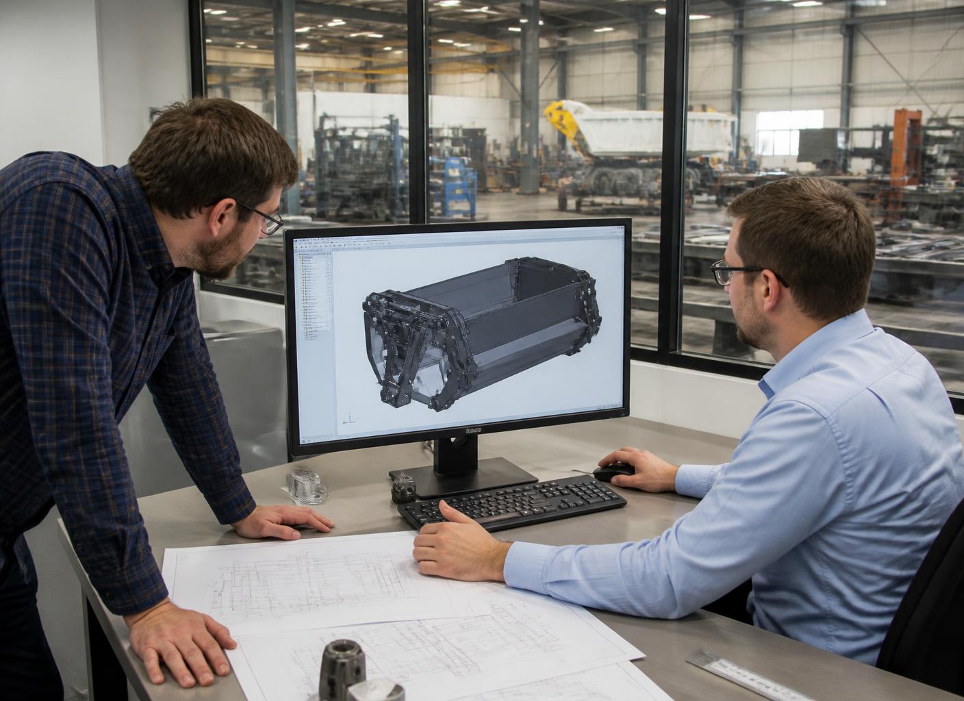 Engenheiros da BUSA analisando o projeto 3D de um implemento